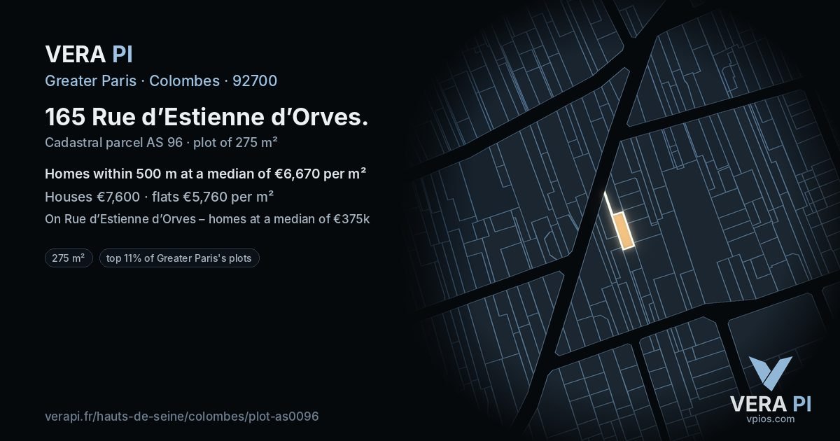 165 Rue d’Estienne d’Orves, Colombes at night – the plot lit, the parcels around coloured by the prices near them