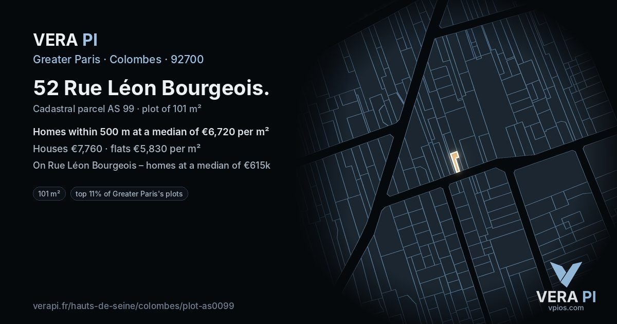 52 Rue Léon Bourgeois, Colombes at night – the plot lit, the parcels around coloured by the prices near them