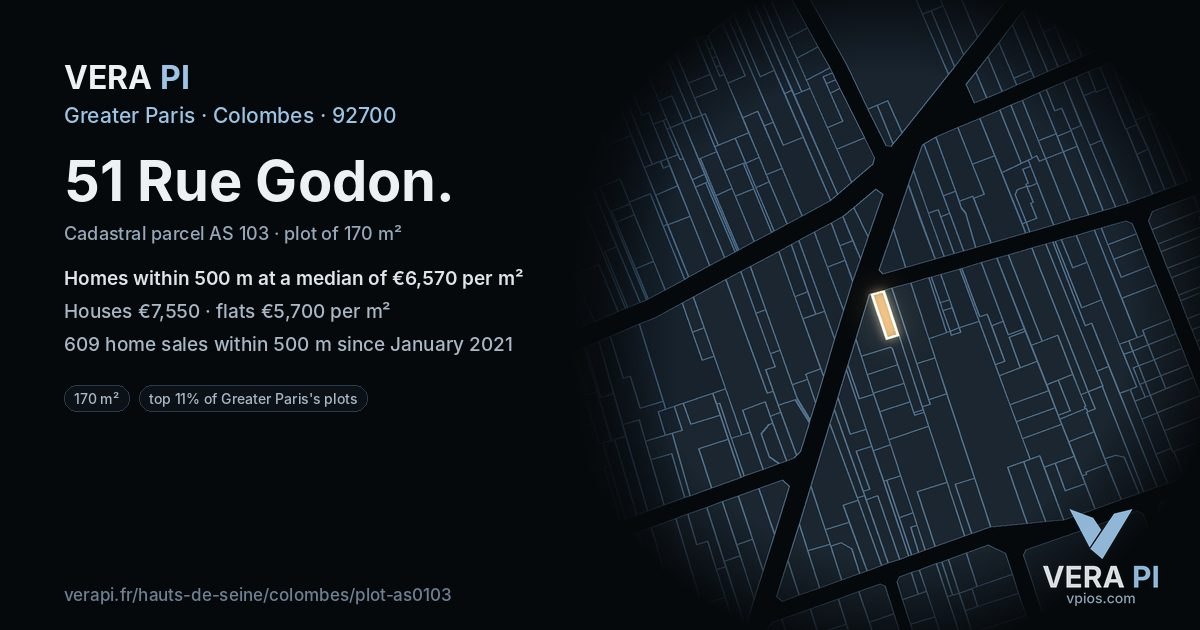 51 Rue Godon, Colombes at night – the plot lit, the parcels around coloured by the prices near them
