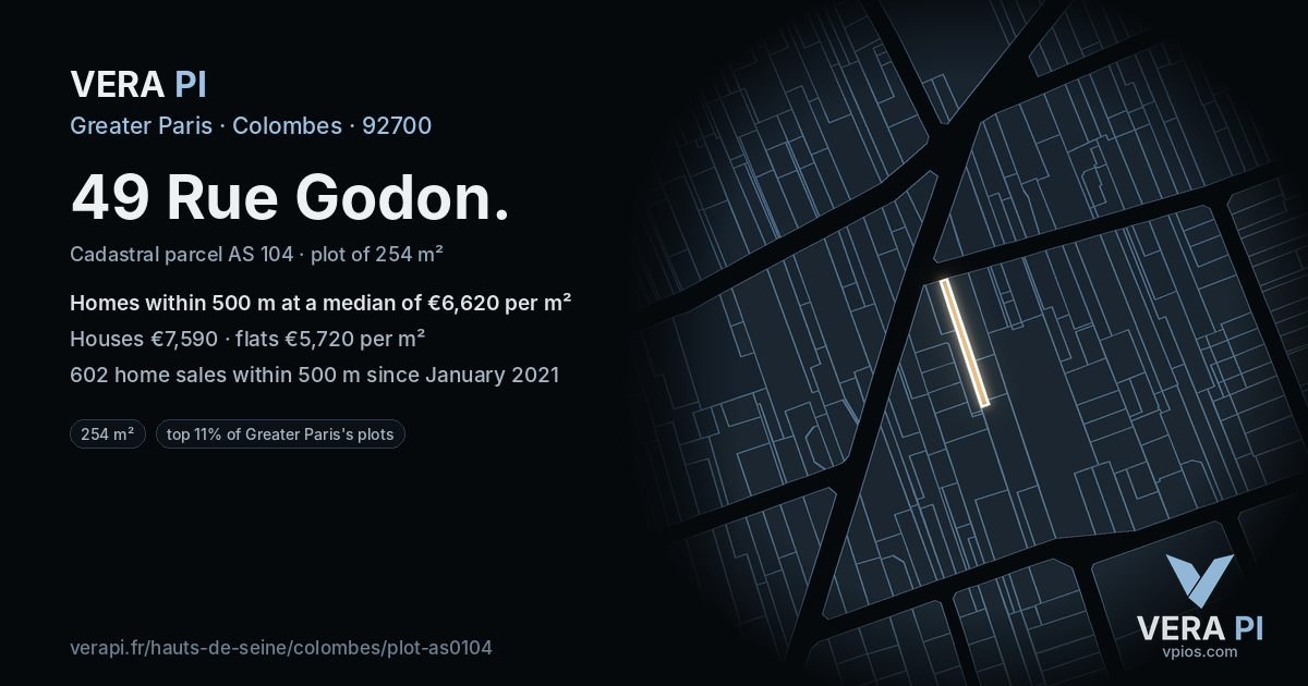 49 Rue Godon, Colombes at night – the plot lit, the parcels around coloured by the prices near them