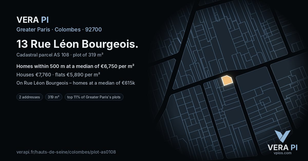 13 Rue Léon Bourgeois, Colombes at night – the plot lit, the parcels around coloured by the prices near them
