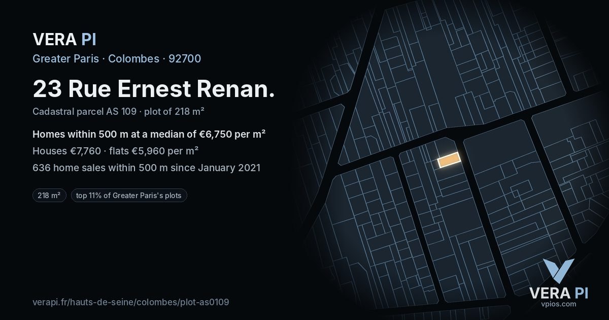 23 Rue Ernest Renan, Colombes at night – the plot lit, the parcels around coloured by the prices near them