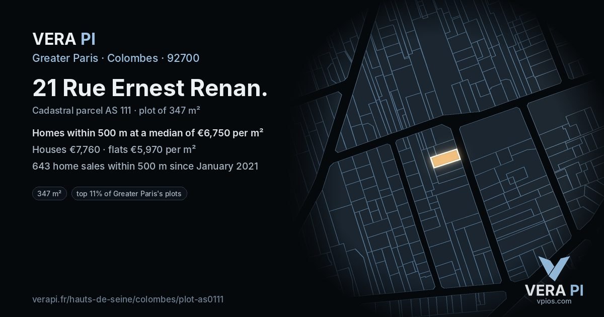 21 Rue Ernest Renan, Colombes at night – the plot lit, the parcels around coloured by the prices near them
