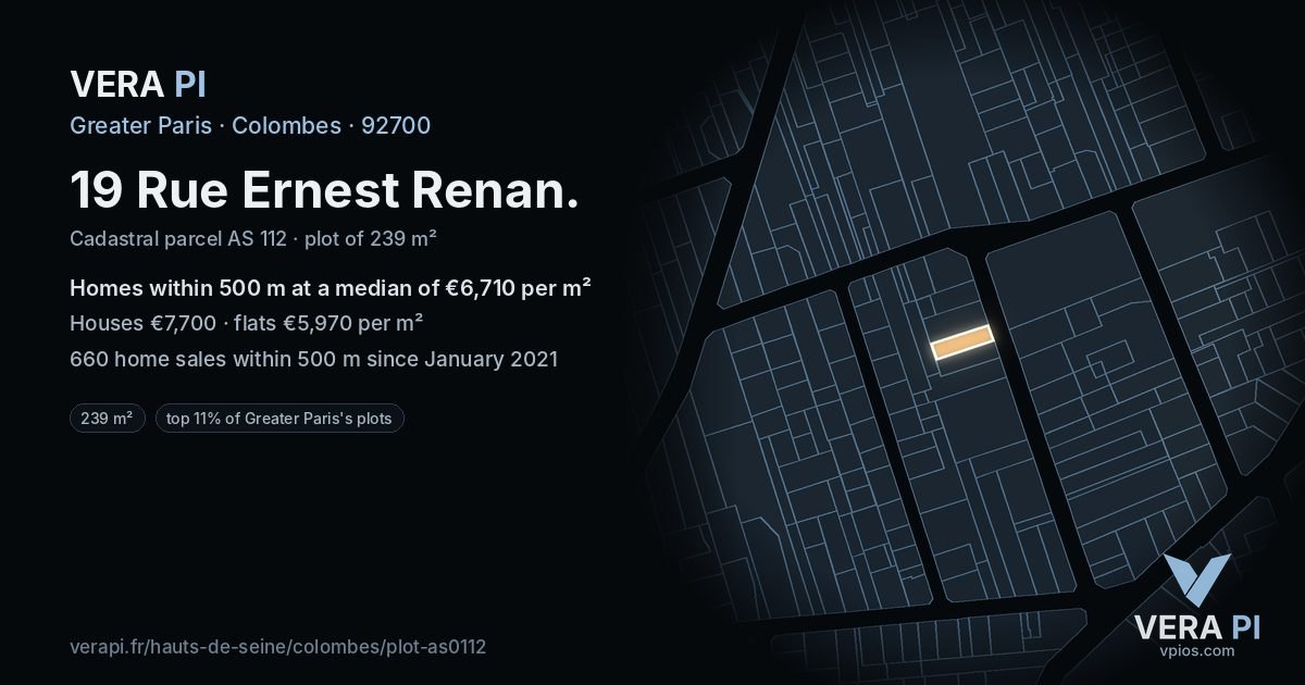 19 Rue Ernest Renan, Colombes at night – the plot lit, the parcels around coloured by the prices near them