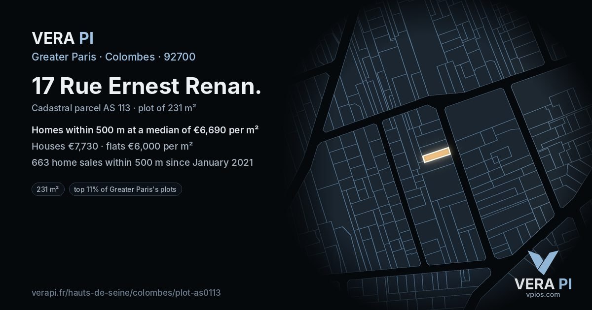 17 Rue Ernest Renan, Colombes at night – the plot lit, the parcels around coloured by the prices near them