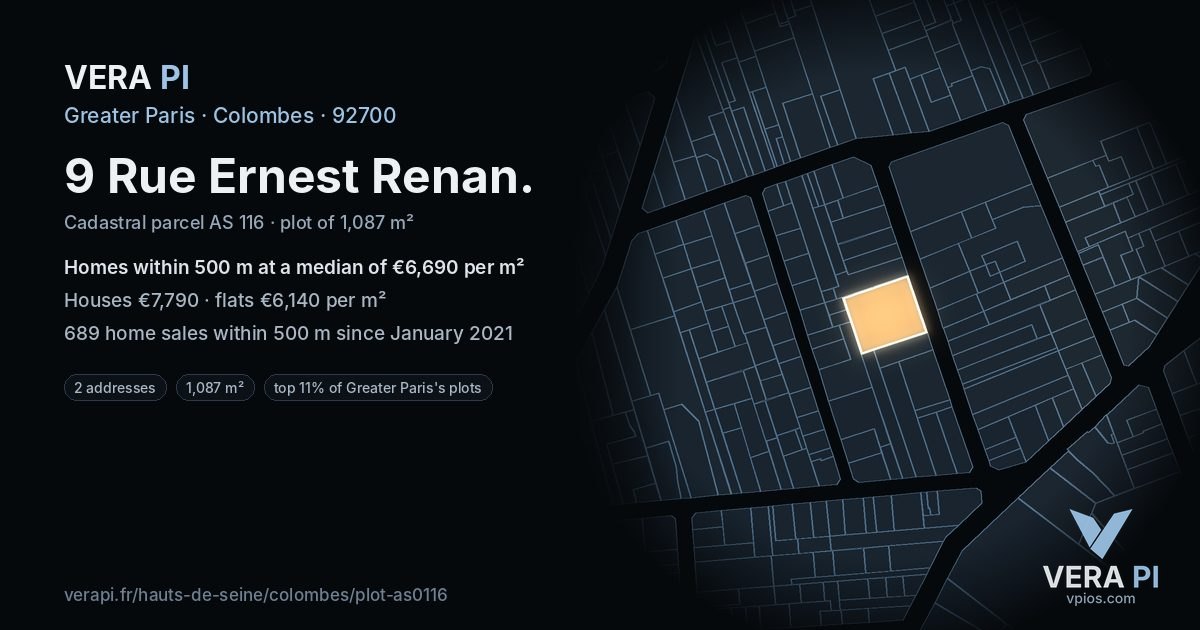 9 Rue Ernest Renan, Colombes at night – the plot lit, the parcels around coloured by the prices near them