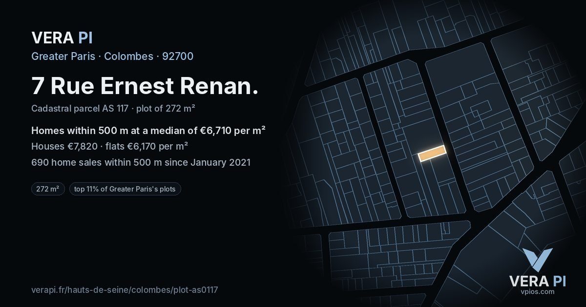 7 Rue Ernest Renan, Colombes at night – the plot lit, the parcels around coloured by the prices near them
