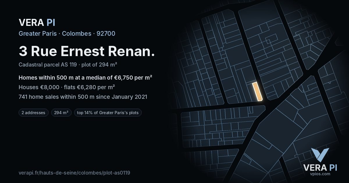 3 Rue Ernest Renan, Colombes at night – the plot lit, the parcels around coloured by the prices near them