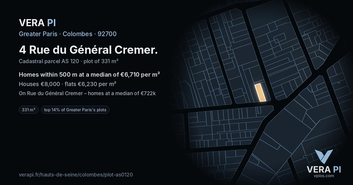 4 Rue du Général Cremer, Colombes at night – the plot lit, the parcels around coloured by the prices near them