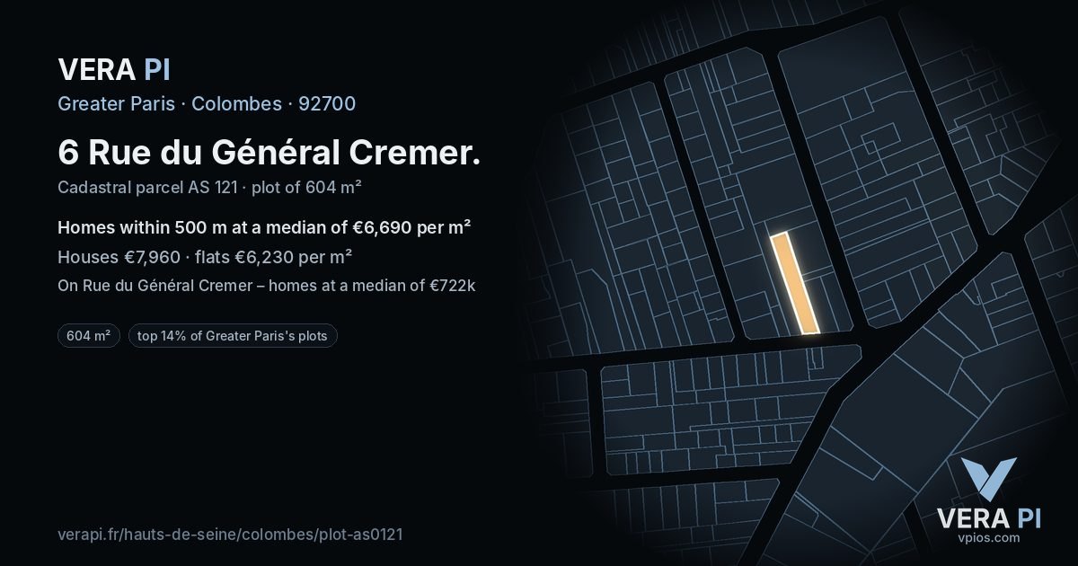 6 Rue du Général Cremer, Colombes at night – the plot lit, the parcels around coloured by the prices near them