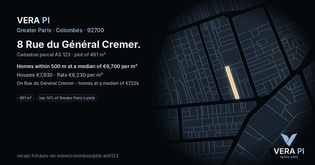 8 Rue du Général Cremer, Colombes at night – the plot lit, the parcels around coloured by the prices near them