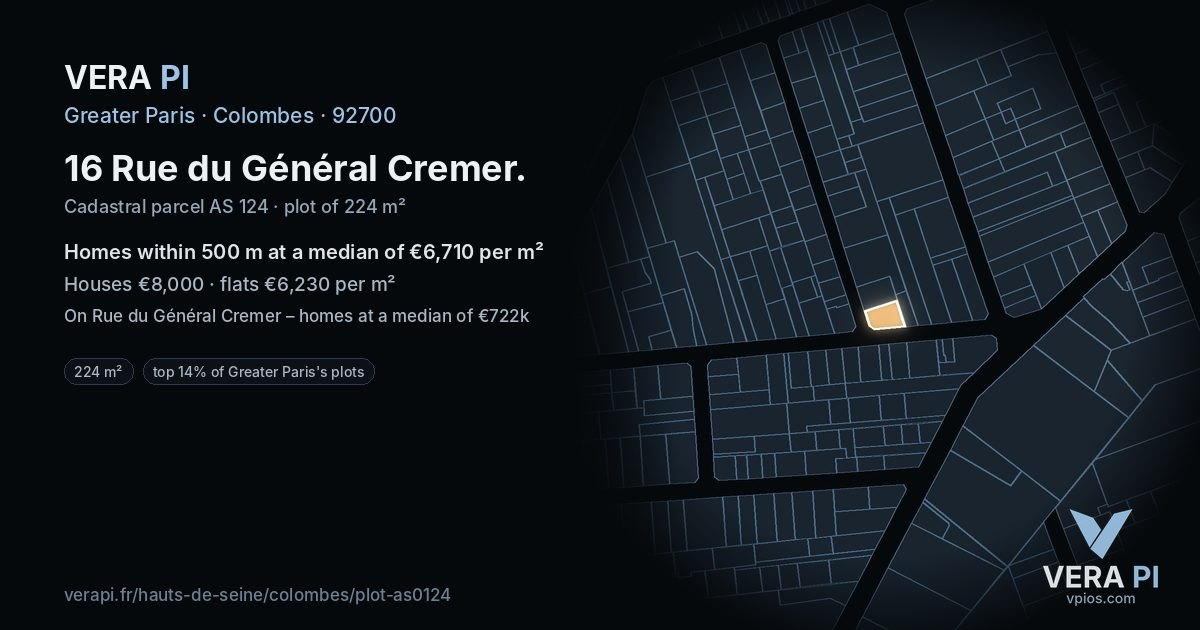 16 Rue du Général Cremer, Colombes at night – the plot lit, the parcels around coloured by the prices near them