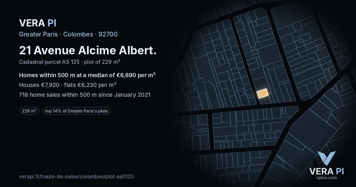 21 Avenue Alcime Albert, Colombes at night – the plot lit, the parcels around coloured by the prices near them