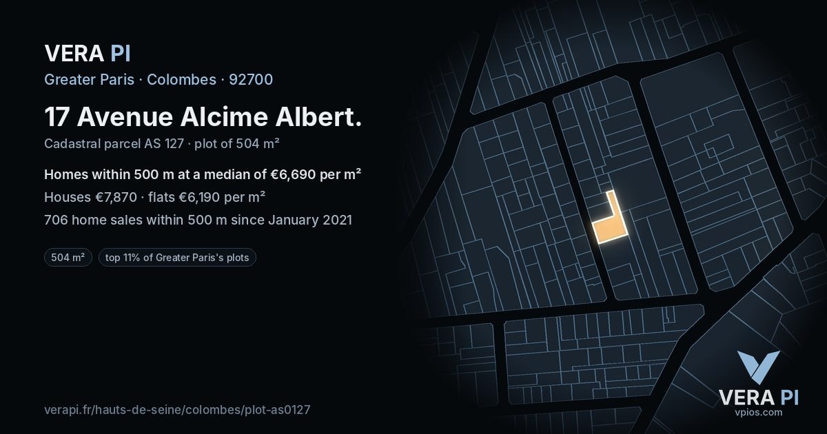 17 Avenue Alcime Albert, Colombes at night – the plot lit, the parcels around coloured by the prices near them
