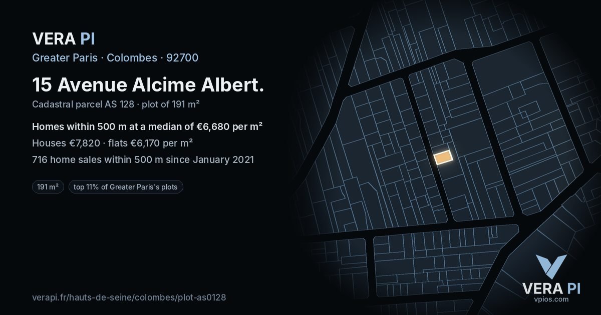 15 Avenue Alcime Albert, Colombes at night – the plot lit, the parcels around coloured by the prices near them
