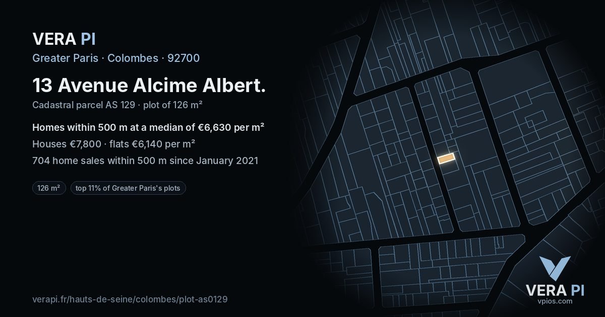 13 Avenue Alcime Albert, Colombes at night – the plot lit, the parcels around coloured by the prices near them