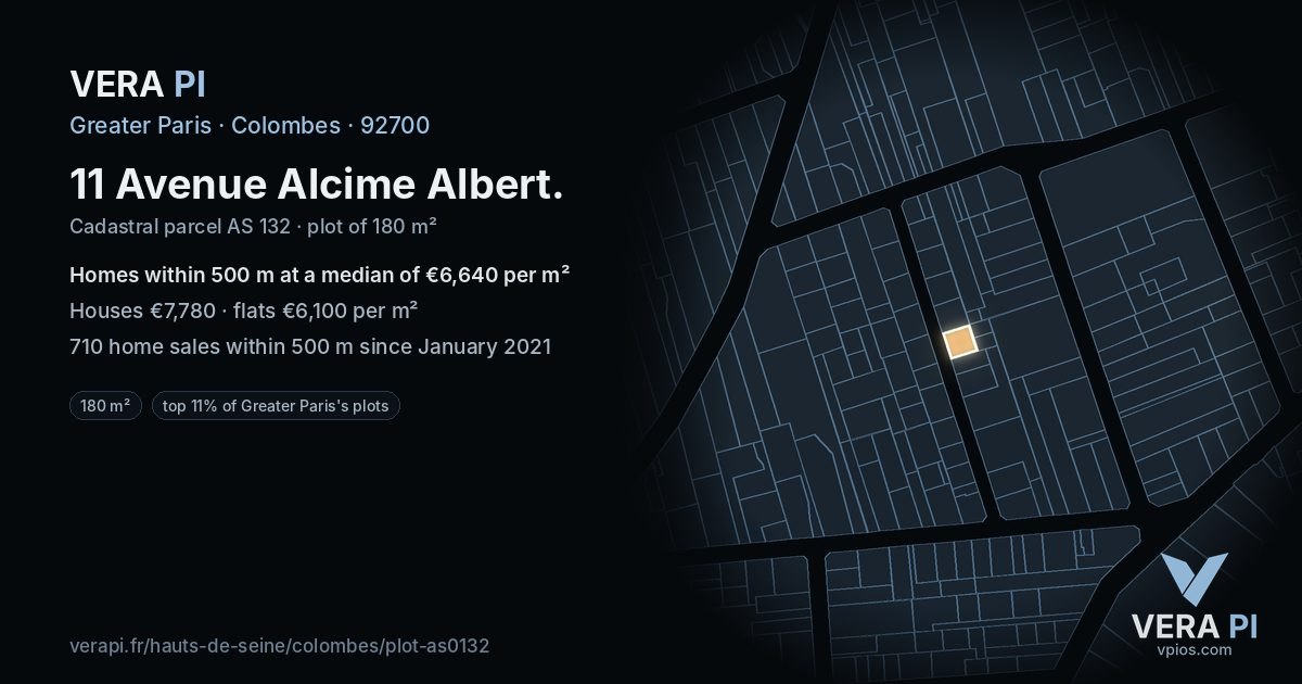 11 Avenue Alcime Albert, Colombes at night – the plot lit, the parcels around coloured by the prices near them