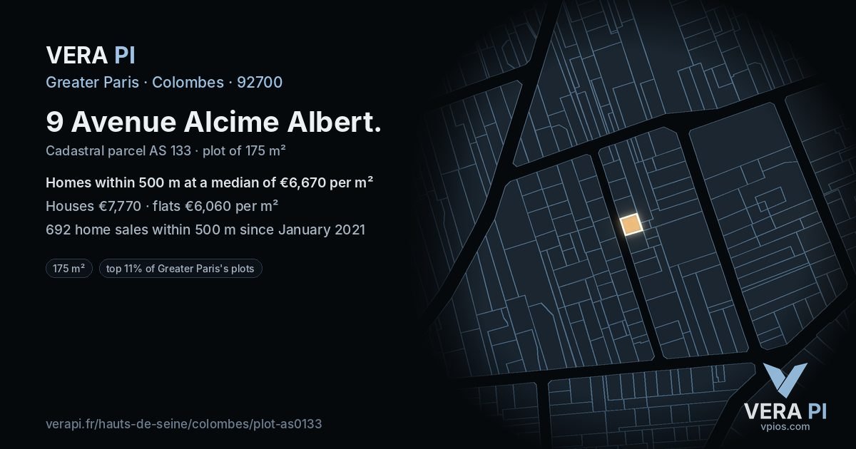 9 Avenue Alcime Albert, Colombes at night – the plot lit, the parcels around coloured by the prices near them