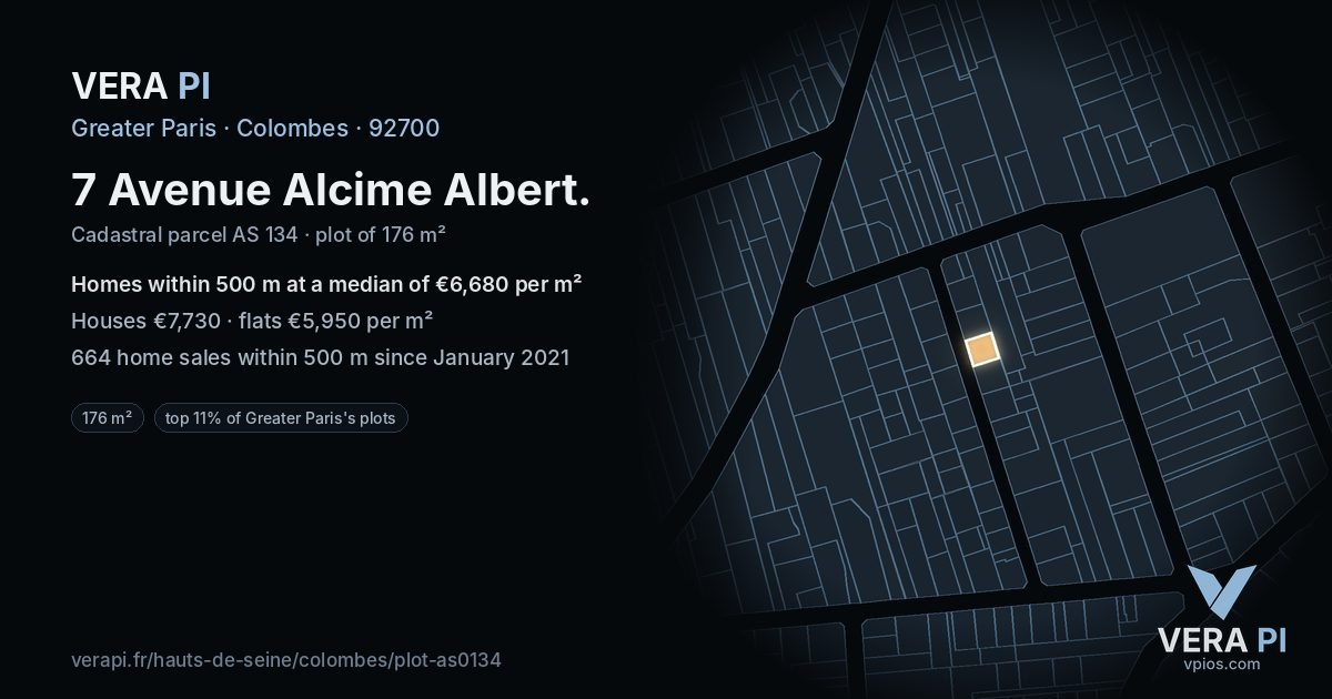 7 Avenue Alcime Albert, Colombes at night – the plot lit, the parcels around coloured by the prices near them