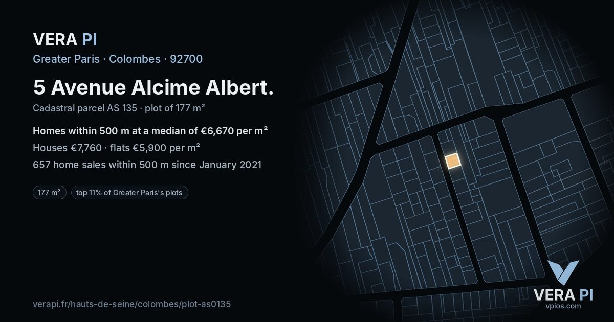 5 Avenue Alcime Albert, Colombes at night – the plot lit, the parcels around coloured by the prices near them