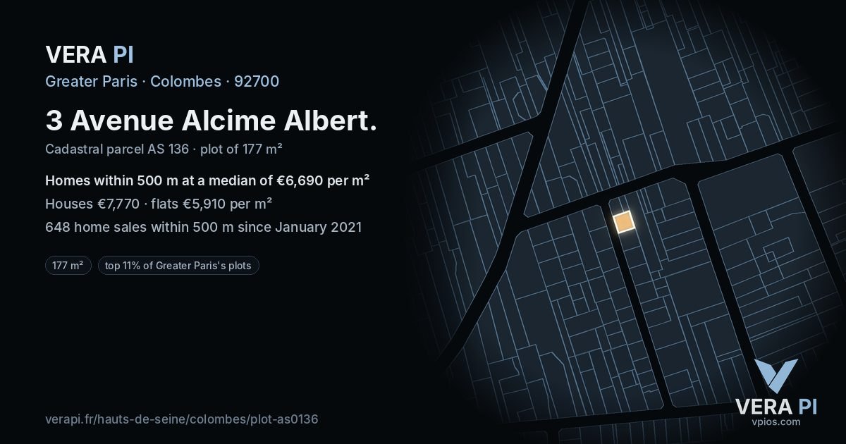 3 Avenue Alcime Albert, Colombes at night – the plot lit, the parcels around coloured by the prices near them
