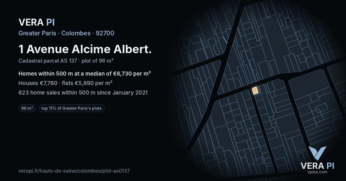 1 Avenue Alcime Albert, Colombes at night – the plot lit, the parcels around coloured by the prices near them