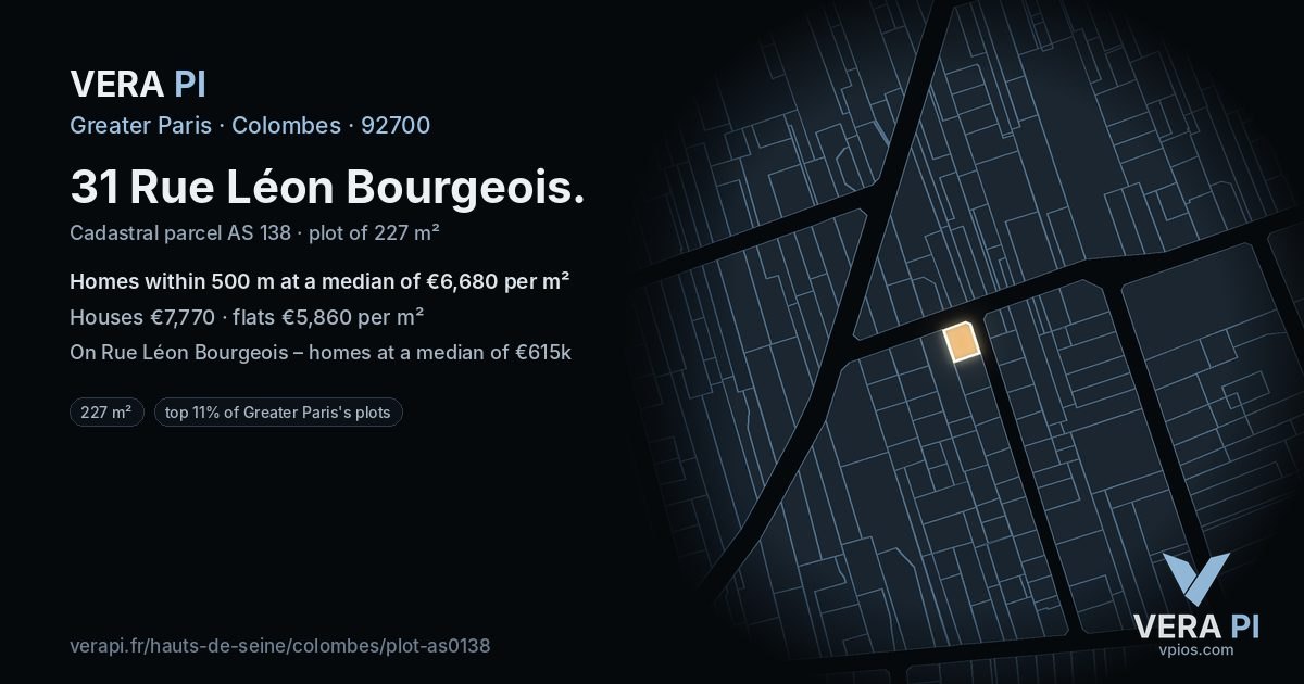 31 Rue Léon Bourgeois, Colombes at night – the plot lit, the parcels around coloured by the prices near them