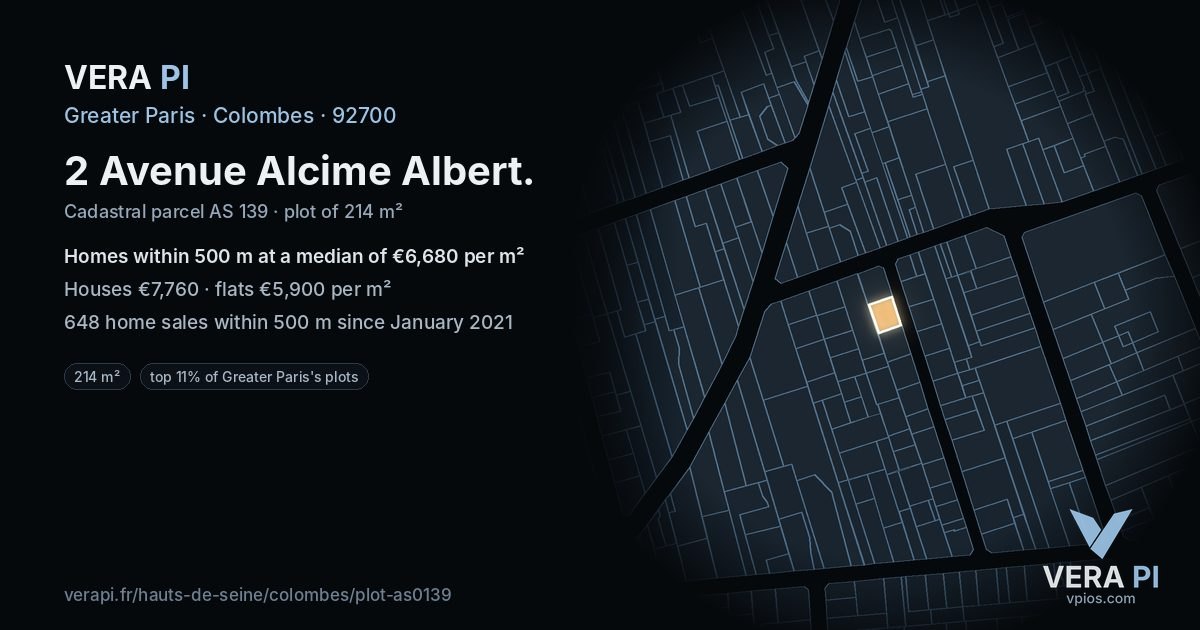 2 Avenue Alcime Albert, Colombes at night – the plot lit, the parcels around coloured by the prices near them