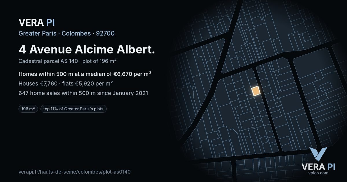 4 Avenue Alcime Albert, Colombes at night – the plot lit, the parcels around coloured by the prices near them