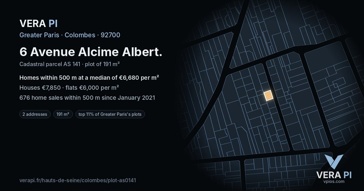 6 Avenue Alcime Albert, Colombes at night – the plot lit, the parcels around coloured by the prices near them