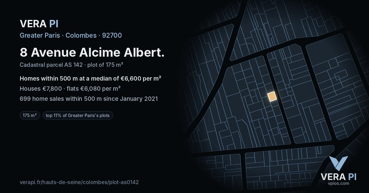 8 Avenue Alcime Albert, Colombes at night – the plot lit, the parcels around coloured by the prices near them
