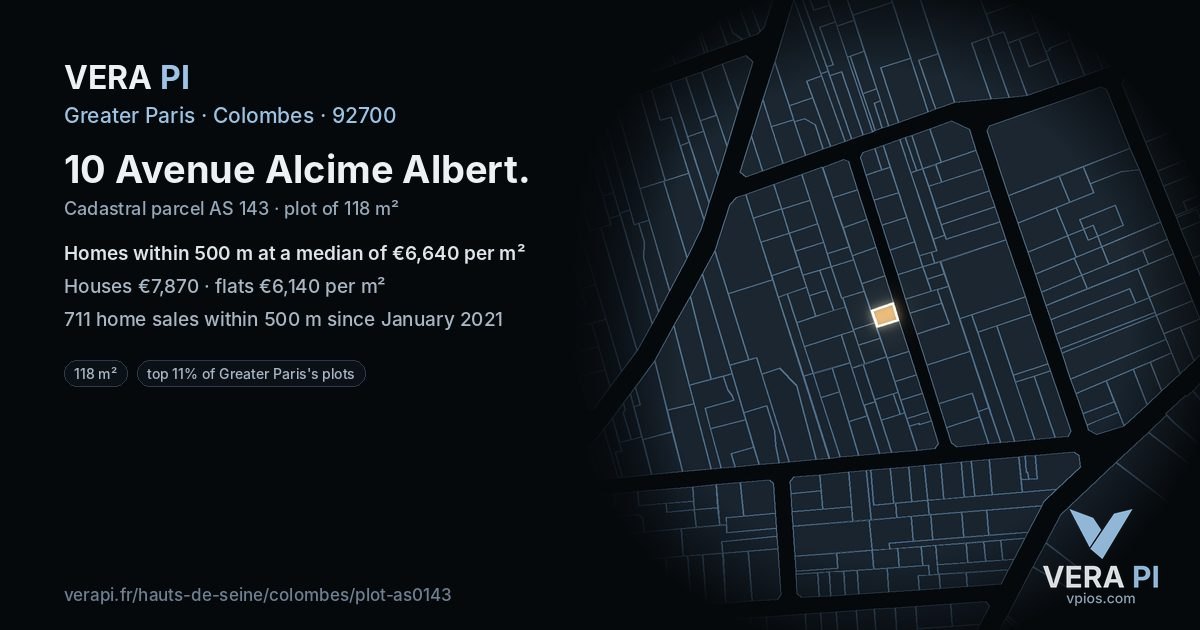 10 Avenue Alcime Albert, Colombes at night – the plot lit, the parcels around coloured by the prices near them