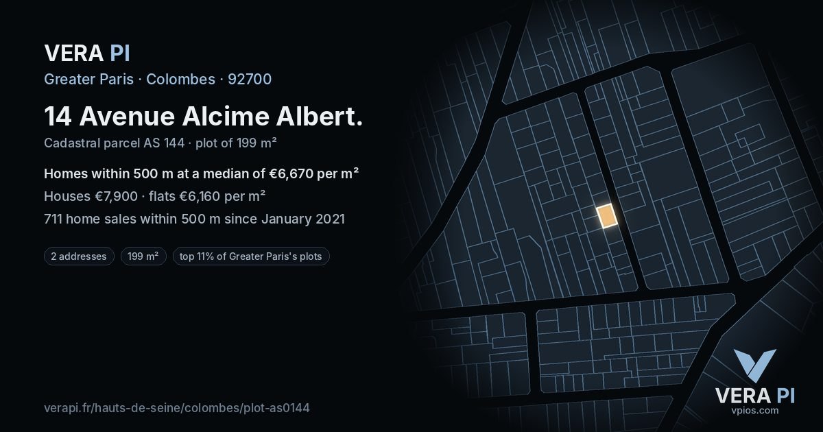 14 Avenue Alcime Albert, Colombes at night – the plot lit, the parcels around coloured by the prices near them