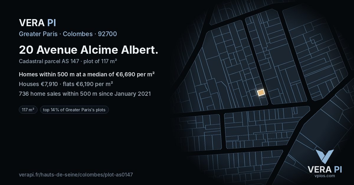 20 Avenue Alcime Albert, Colombes at night – the plot lit, the parcels around coloured by the prices near them