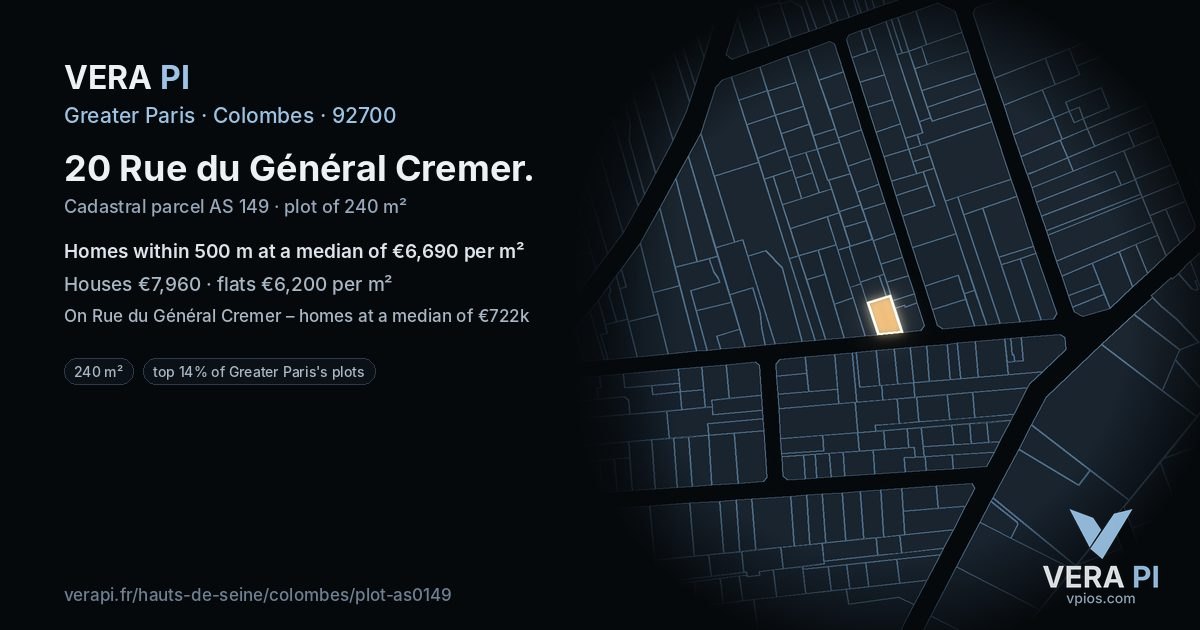 20 Rue du Général Cremer, Colombes at night – the plot lit, the parcels around coloured by the prices near them