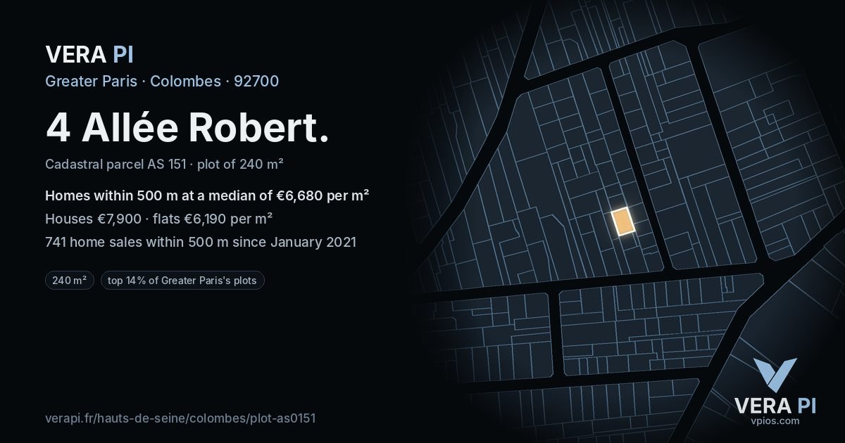 4 Allée Robert, Colombes at night – the plot lit, the parcels around coloured by the prices near them