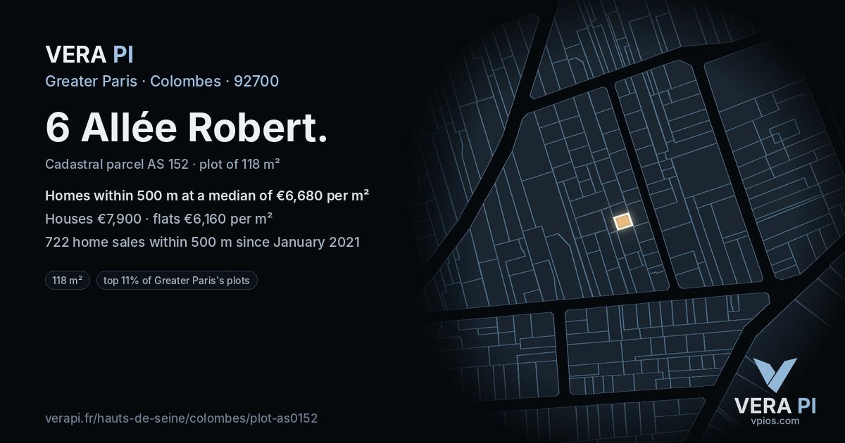6 Allée Robert, Colombes at night – the plot lit, the parcels around coloured by the prices near them