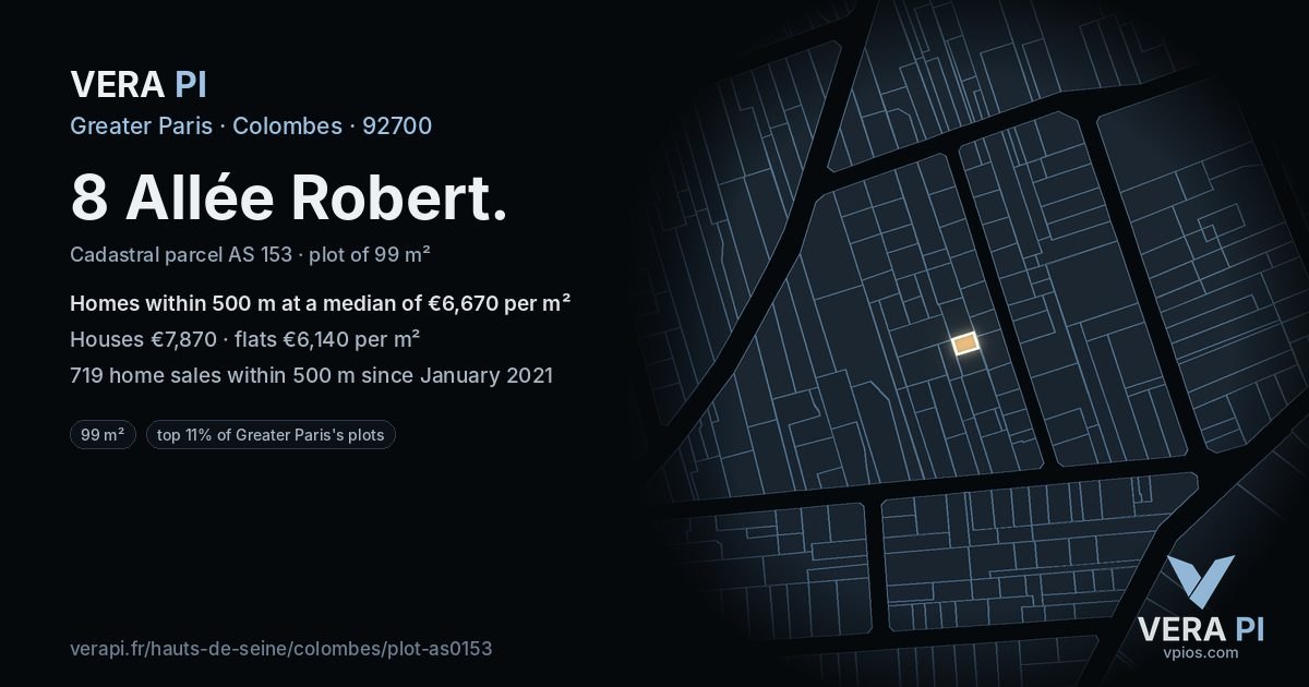 8 Allée Robert, Colombes at night – the plot lit, the parcels around coloured by the prices near them
