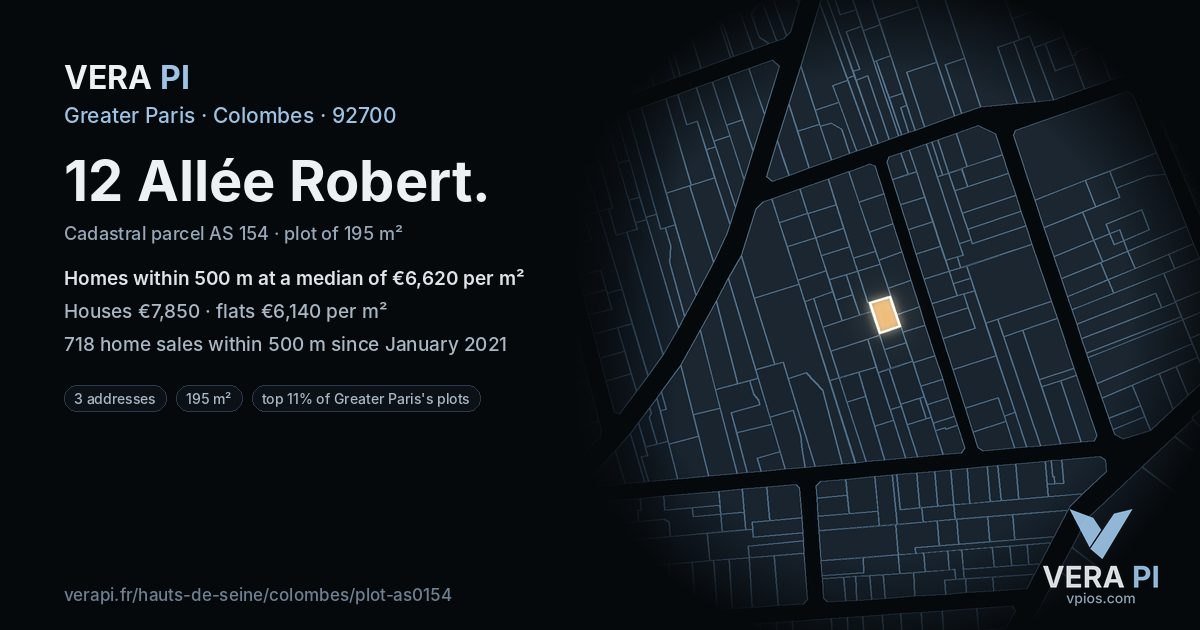 12 Allée Robert, Colombes at night – the plot lit, the parcels around coloured by the prices near them