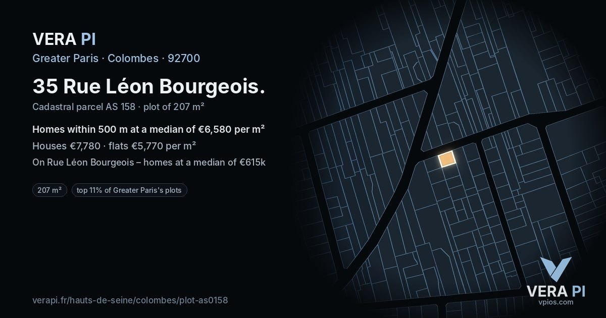 35 Rue Léon Bourgeois, Colombes at night – the plot lit, the parcels around coloured by the prices near them