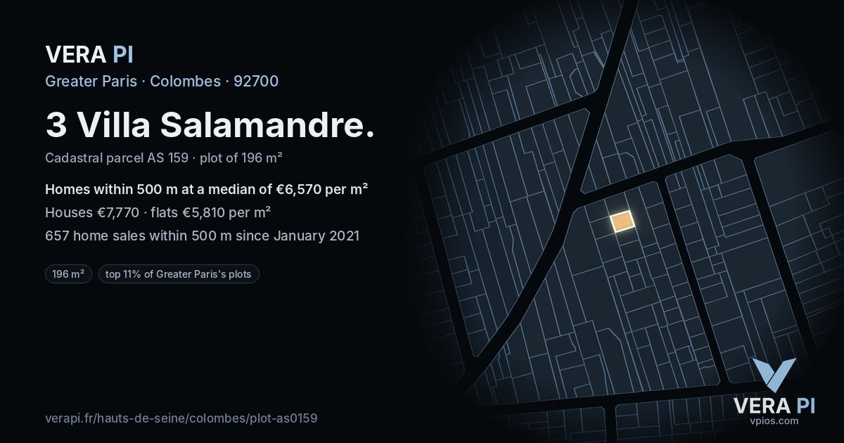 3 Villa Salamandre, Colombes at night – the plot lit, the parcels around coloured by the prices near them