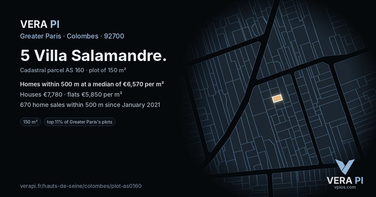 5 Villa Salamandre, Colombes at night – the plot lit, the parcels around coloured by the prices near them