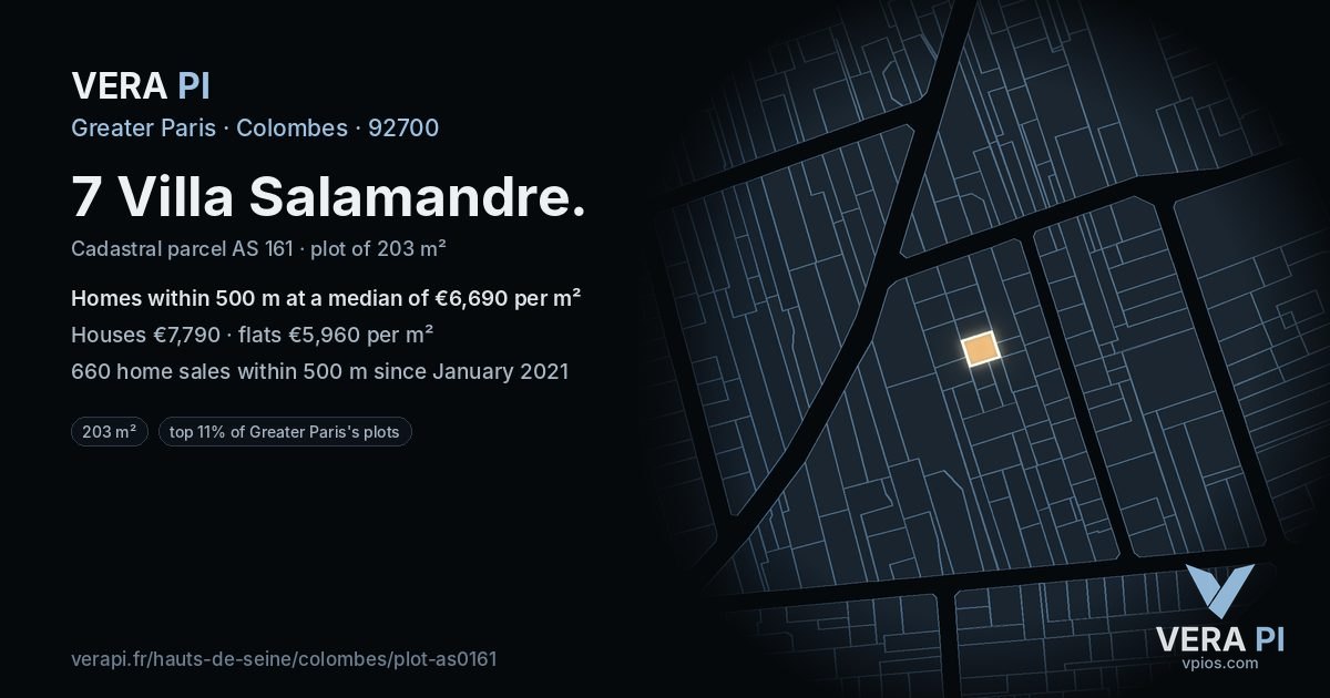 7 Villa Salamandre, Colombes at night – the plot lit, the parcels around coloured by the prices near them
