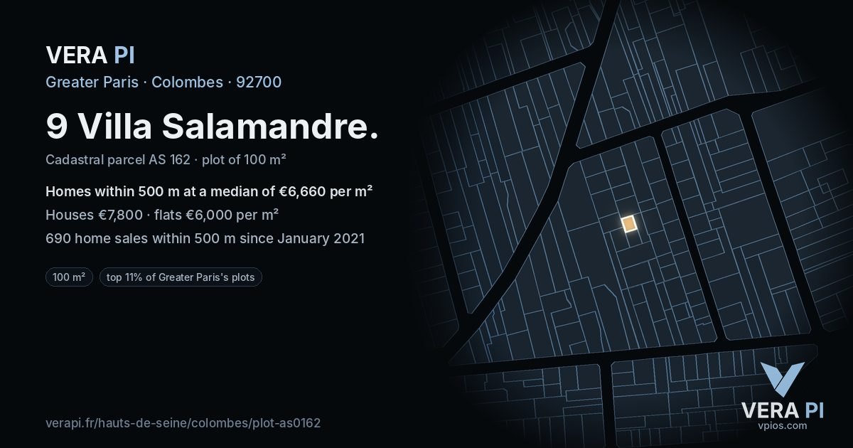 9 Villa Salamandre, Colombes at night – the plot lit, the parcels around coloured by the prices near them
