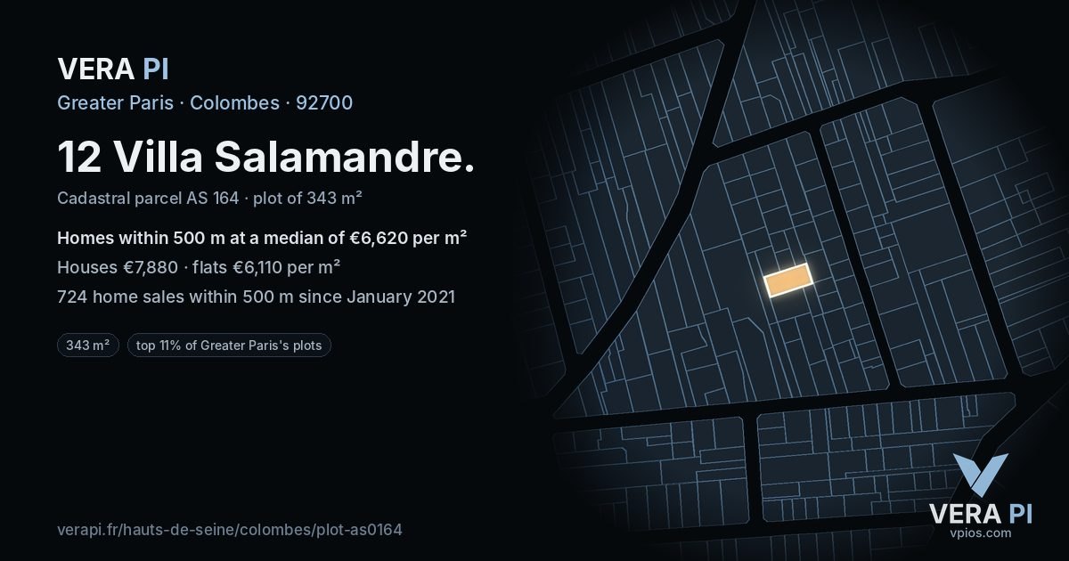 12 Villa Salamandre, Colombes at night – the plot lit, the parcels around coloured by the prices near them