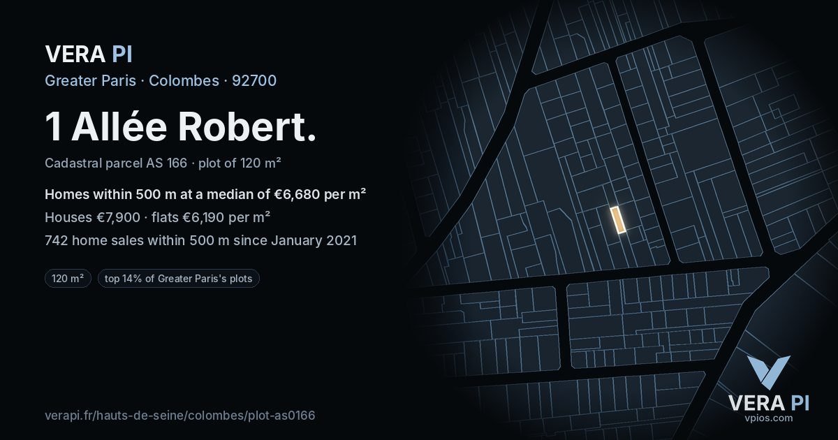 1 Allée Robert, Colombes at night – the plot lit, the parcels around coloured by the prices near them