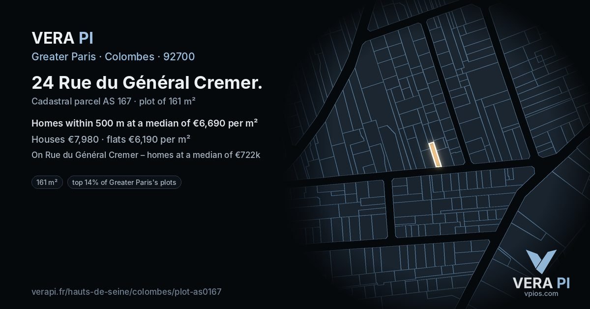 24 Rue du Général Cremer, Colombes at night – the plot lit, the parcels around coloured by the prices near them