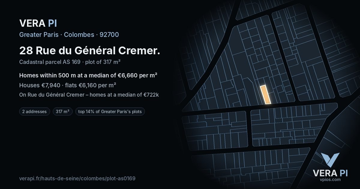 28 Rue du Général Cremer, Colombes at night – the plot lit, the parcels around coloured by the prices near them