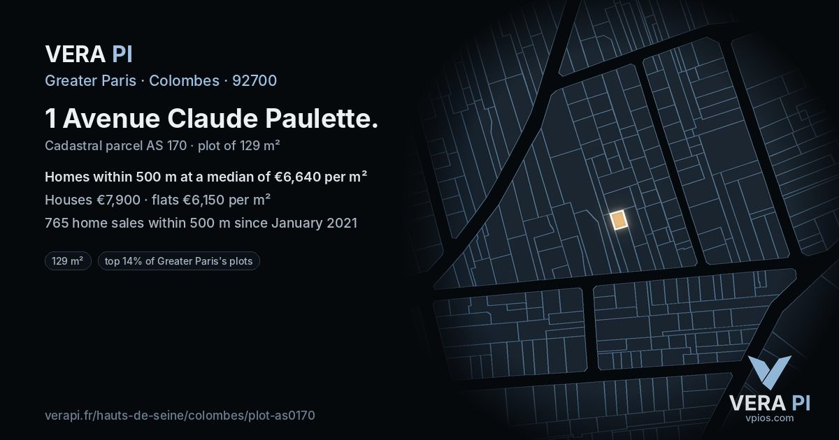 1 Avenue Claude Paulette, Colombes at night – the plot lit, the parcels around coloured by the prices near them
