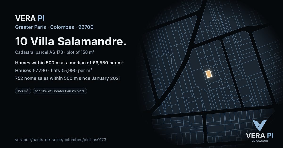 10 Villa Salamandre, Colombes at night – the plot lit, the parcels around coloured by the prices near them